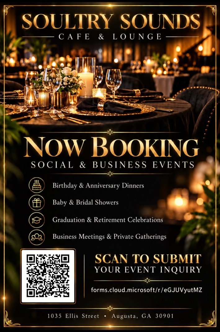 Soultry Sounds now booking social and business events; event inquiry QR code and venue address